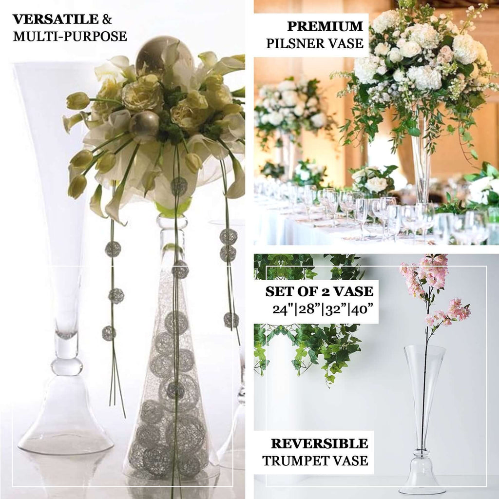 Set of 2 Glass Trumpet Vases Reversible Clarinet Style 30" Clear - Sophisticated Wedding Floral Centerpieces