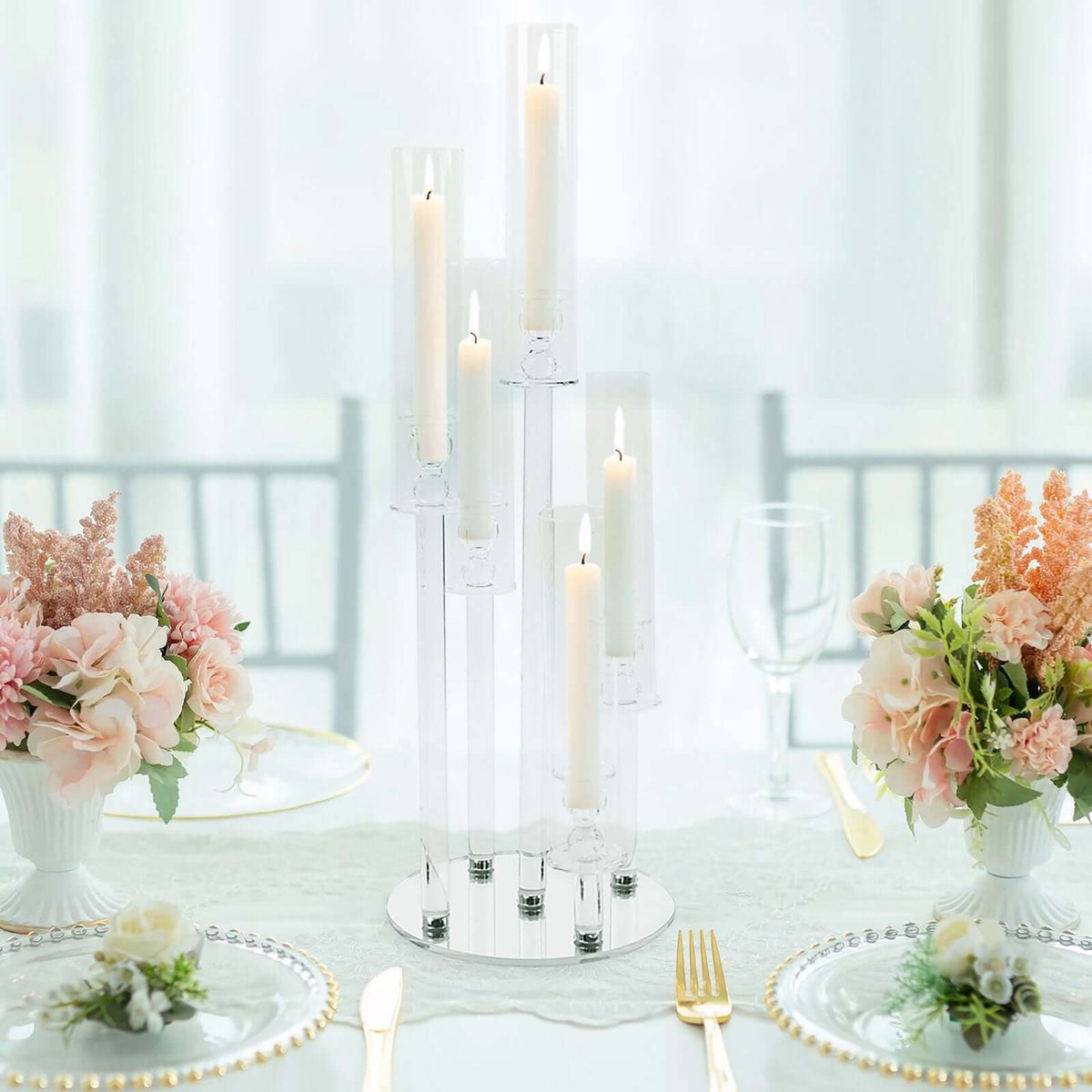 5-Arm Crystal Glass Candelabra Round Taper Design 32" Clear - Stylish Candle Holder Table Centerpiece