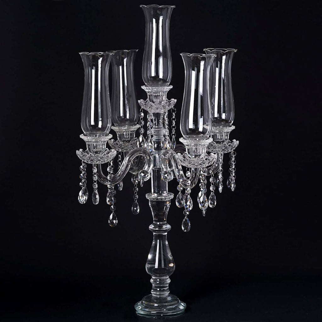 5 Arm Crystal Glass Taper Candle Holder Candelabra 32" - Stylish Table Centerpiece With Chandelier Chains