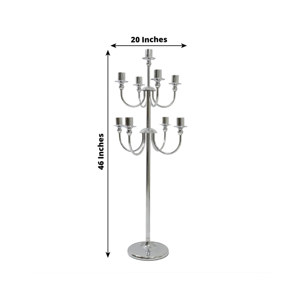 Metal Floor Candelabra Candle Holder 46" Tall - 9-Arm Silver Vintage Taper Candlestick Stand Table Centerpiece for Weddings & Parties