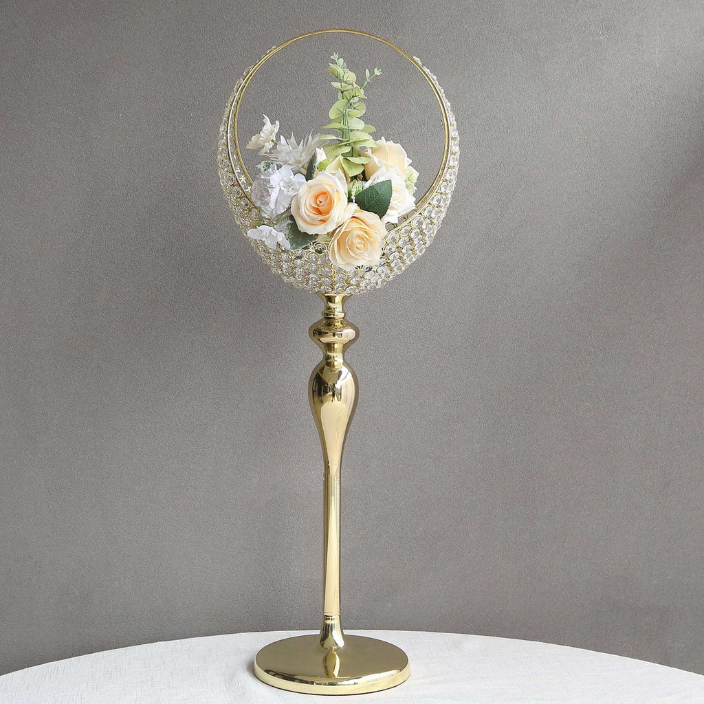 Metal Crystal Beaded Candle Holder Stand 3ft Tall - Half Moon Basket Design Gold Wedding Flower Centerpiece with Round Stable Base