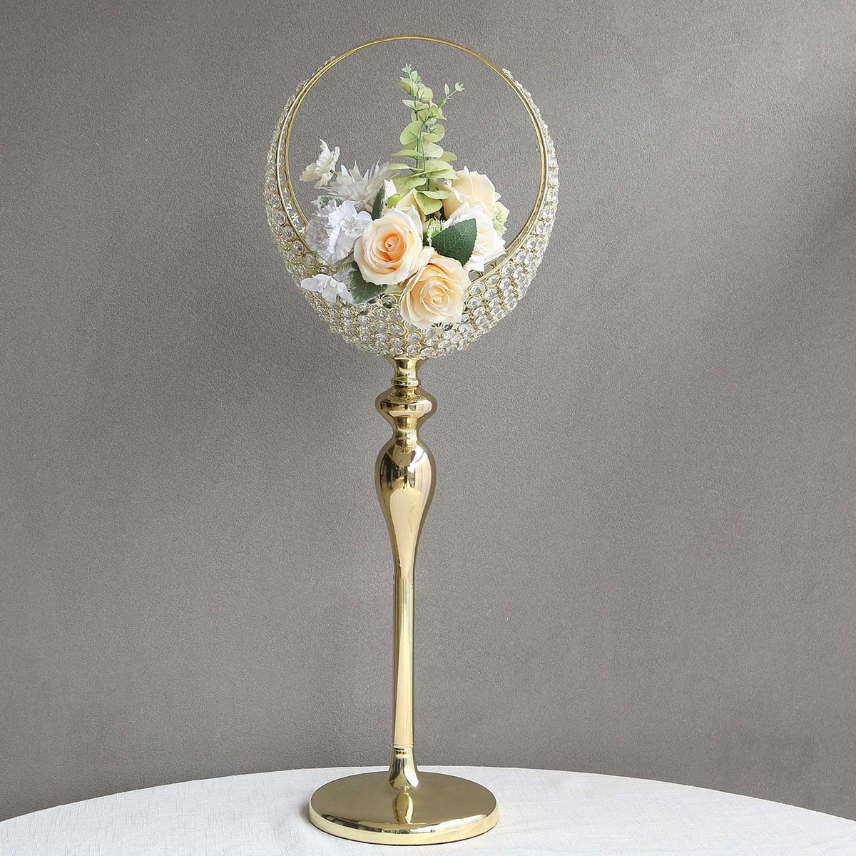 Metal Crystal Beaded Candle Holder Stand 3ft Tall - Half Moon Basket Design Gold Wedding Flower Centerpiece with Round Stable Base