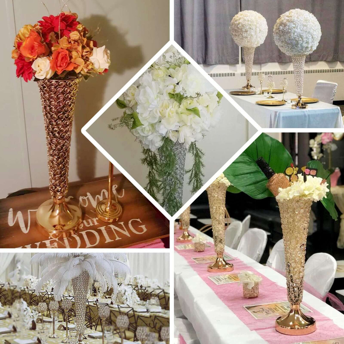 2-Pack Crystal Beaded Trumpet Vase Set 32" Gold - Table Centerpiece for Weddings and Events