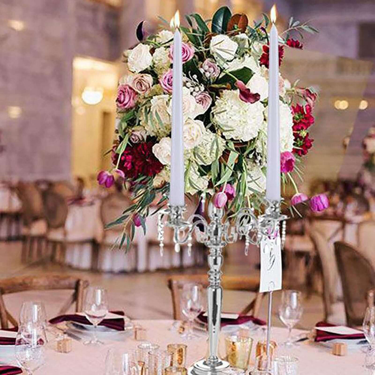 Metal Candelabra 33" 4 Arm Design Silver with Flower Vase Bowl - Table Centerpiece for Weddings